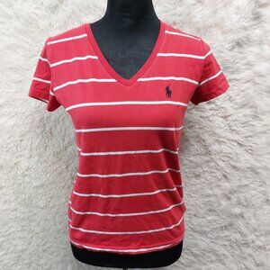 Polo Ralph Lauren Women's Red Stripped V-Neck Polo Shirt Size S